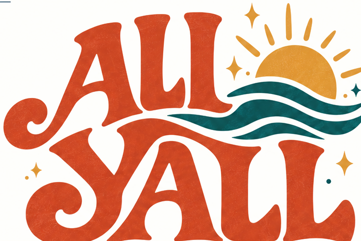 All Yall — stylized terracotta wordmark with sun and teal waves